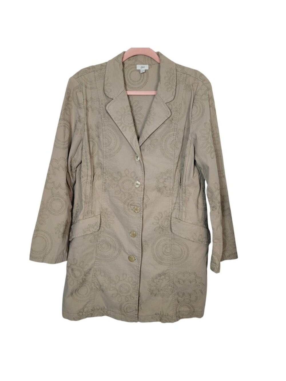 J. Jill Light Tan Canvas Cotton Jacket Embroidered Mid Length Pleated Medium